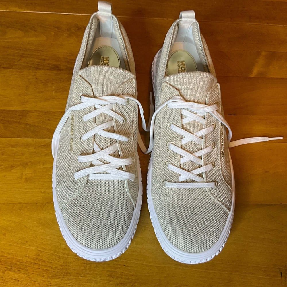 Michael Kors Women Beige Gold Metallic Lace Up Low Top Sneakers Shoes‎ SZ 11 New